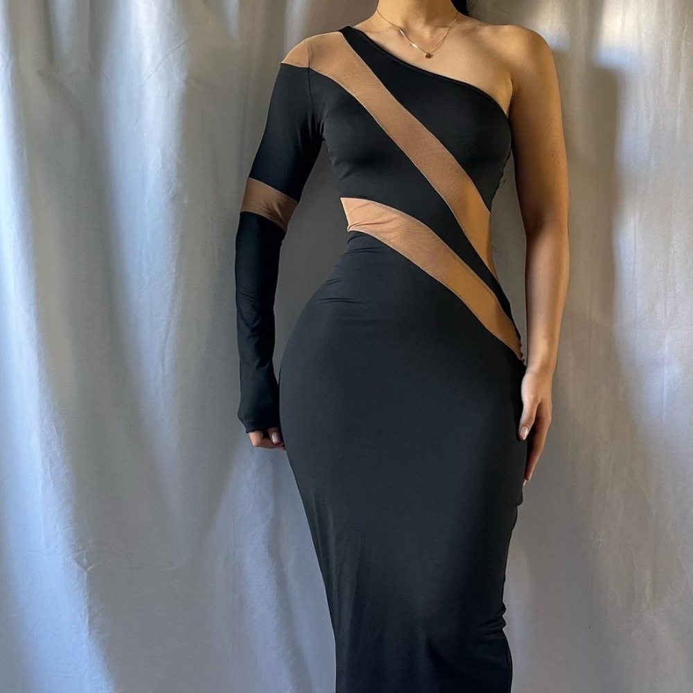 Black nude stripe dress